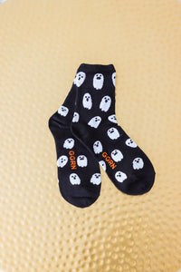 black crew socks with white ghost graphics