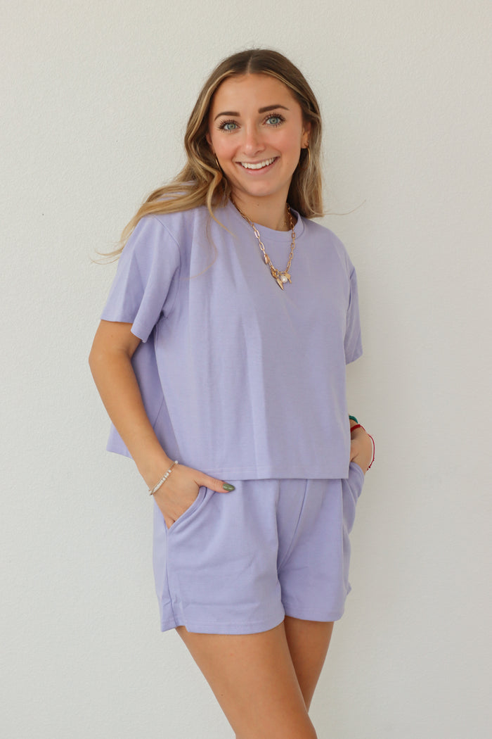 girl wearing light purple lounge set