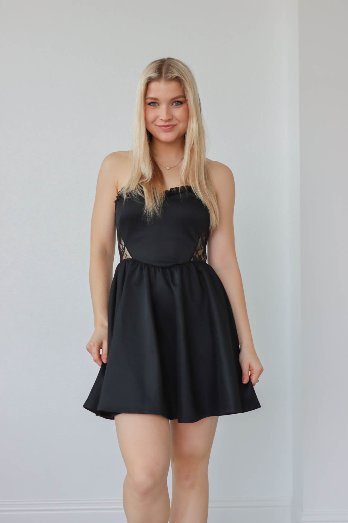 Black strapless skater clearance dress