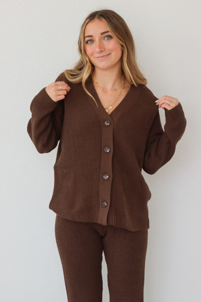 girl wearing chocolate brown knit lounge set