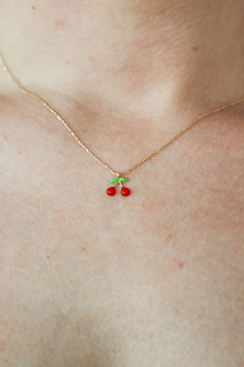 red cherry necklace with gold chain