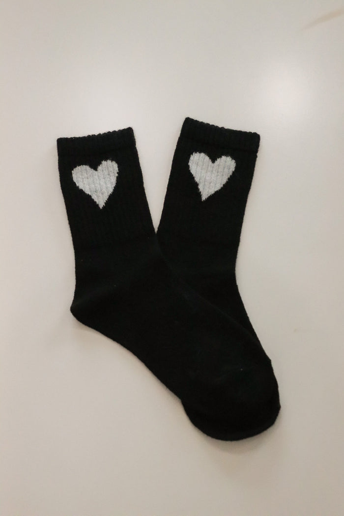 black ribbed crew socks with white heart detailing