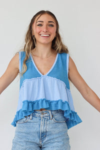 girl wearing blue two-toned waffle knit tank top