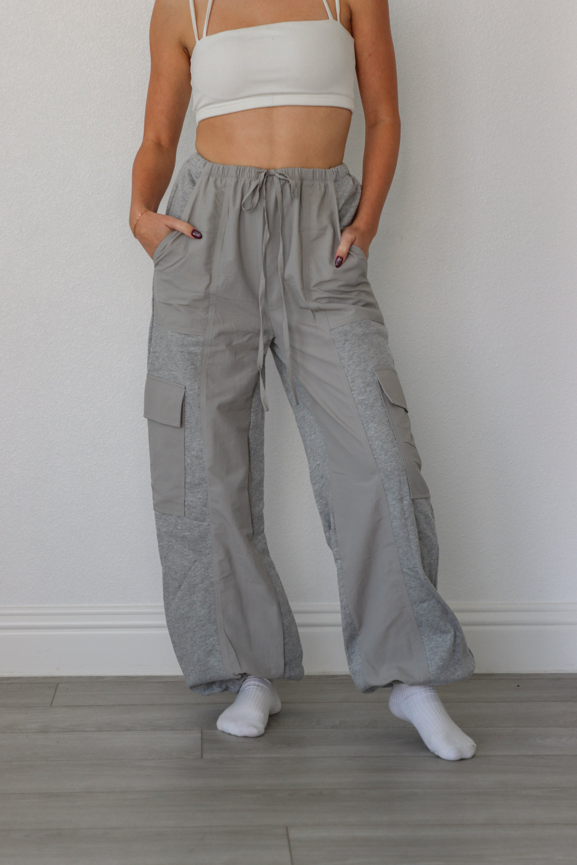 girl wearing gray cargo sweatpants