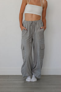 girl wearing gray cargo sweatpants