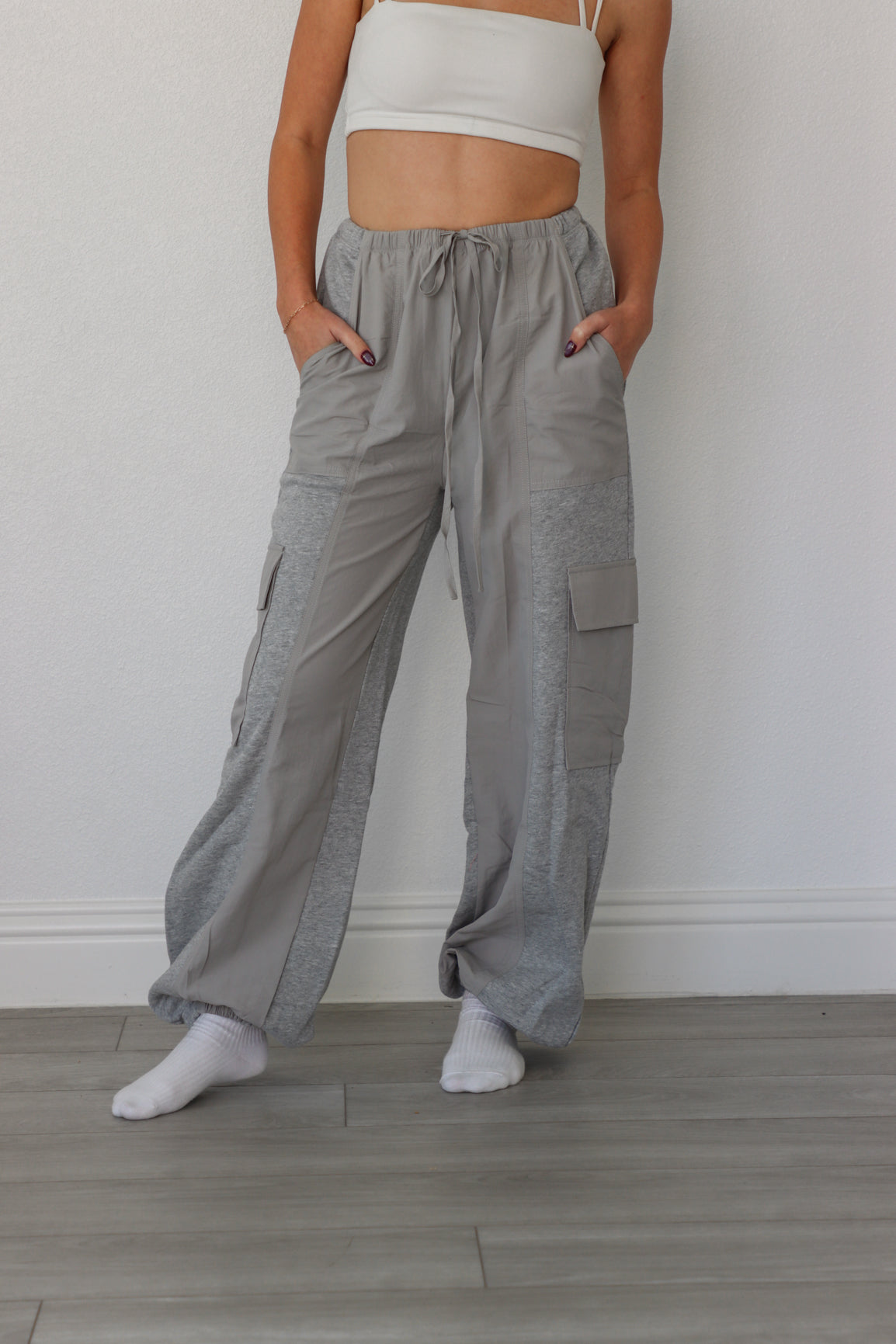 girl wearing gray cargo sweatpants