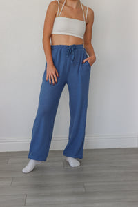 girl wearing blue waffle knit lounge pants