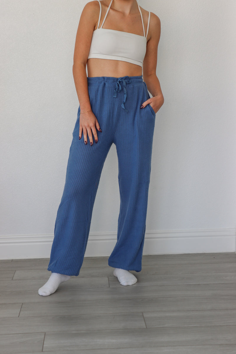 girl wearing blue waffle knit lounge pants