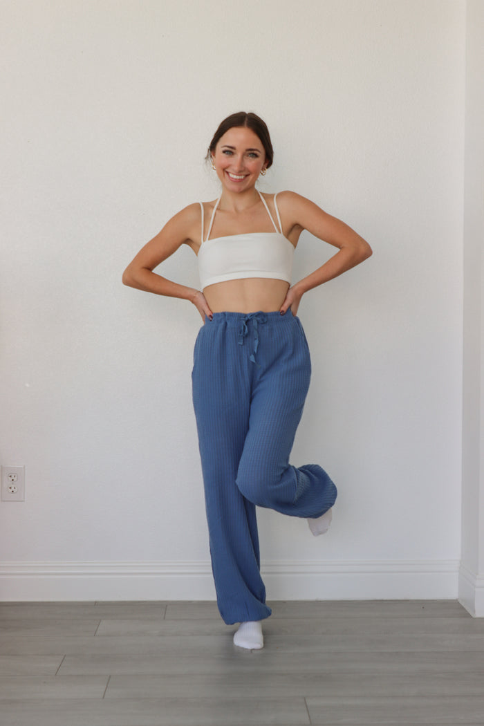 girl wearing blue waffle knit lounge pants