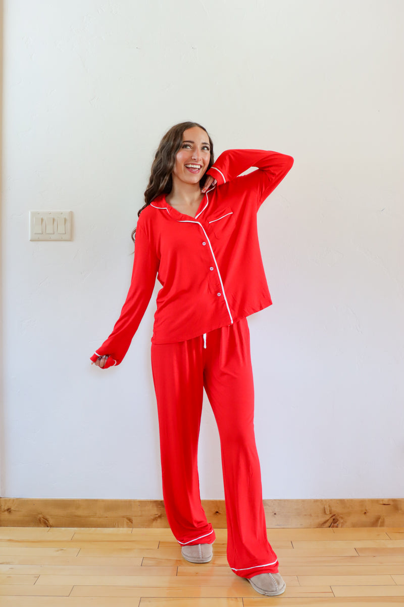 girl wearing red pajama set