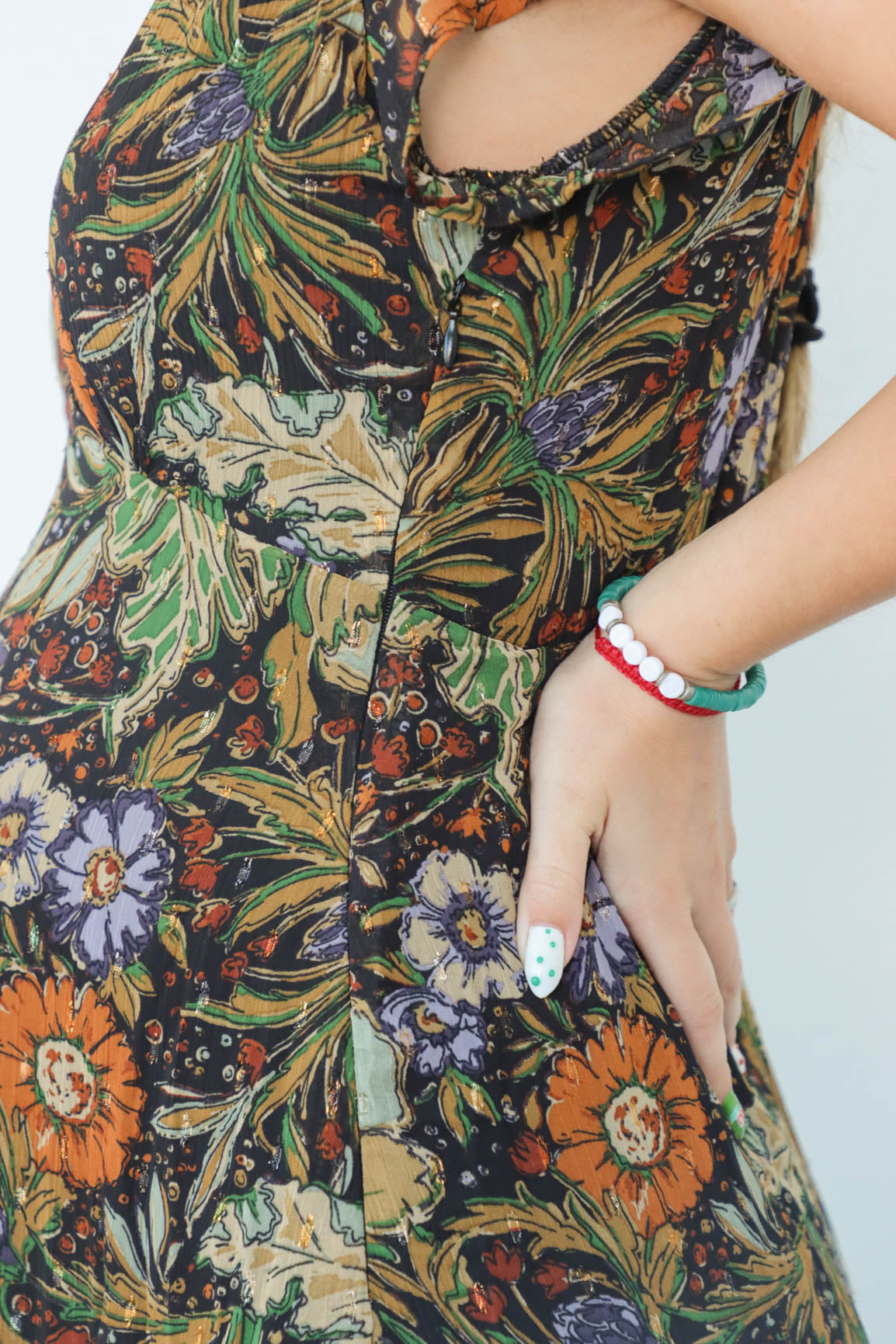 girl wearing black floral maxi dress