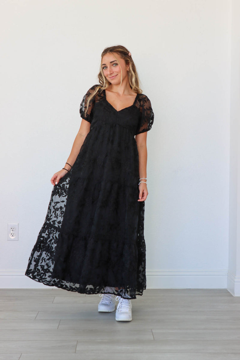 girl wearing black long lace dress