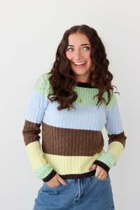 Woman wearing a long sleeve top with brown, green, blue, and yellow stripe and blue denim skirt. 