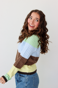 Woman wearing a long sleeve top with brown, green, blue, and yellow stripe and blue denim skirt. 