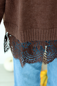 Close up of the lace trim detail at the bottom of the sweater
