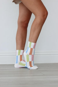 white crew socks with pastel checker print