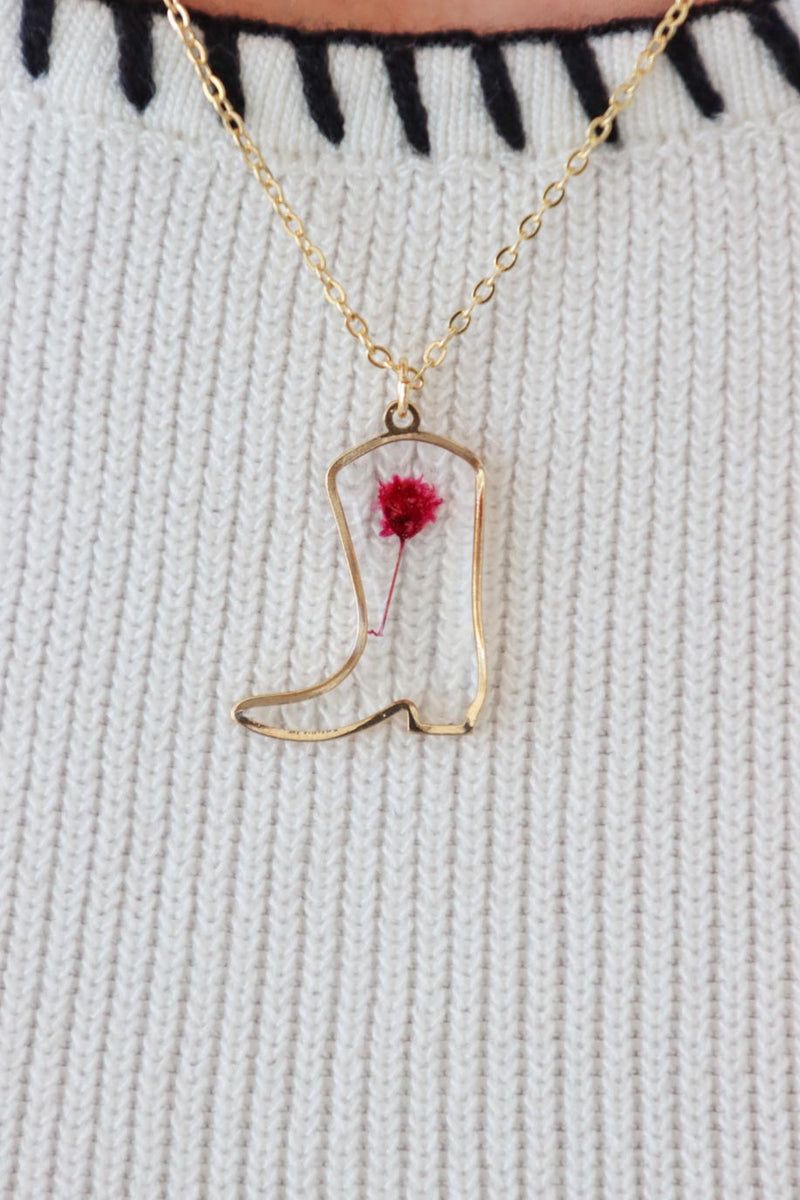 gold cowboy boot necklace with resin flower