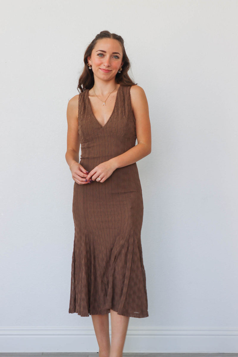 girl wearing brown midi dress