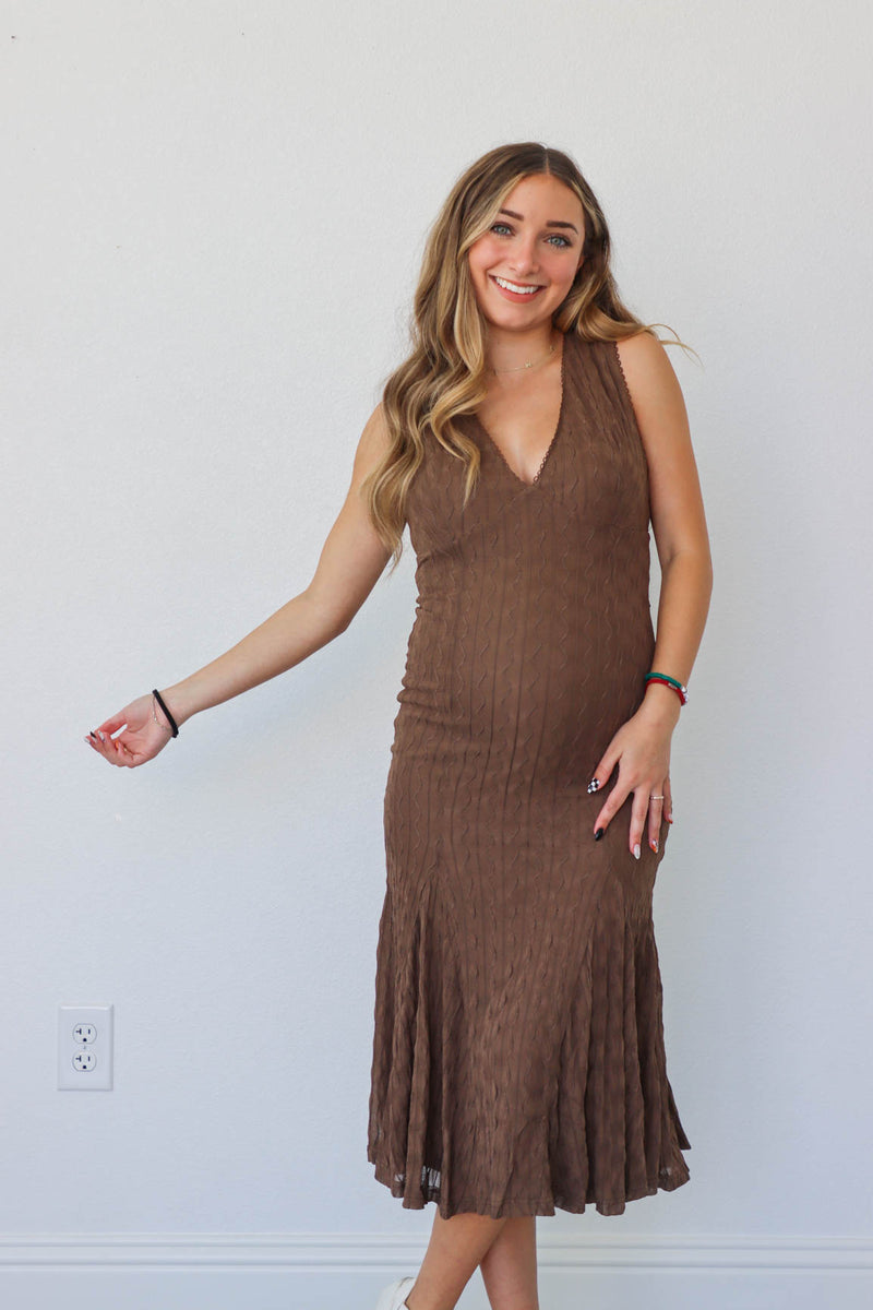 girl wearing brown midi dress