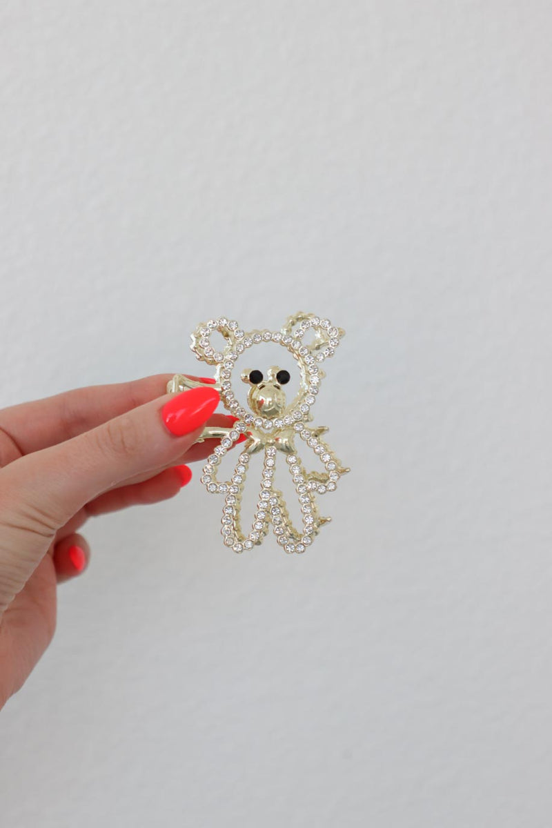 gold teddy bear rhinestone claw clip