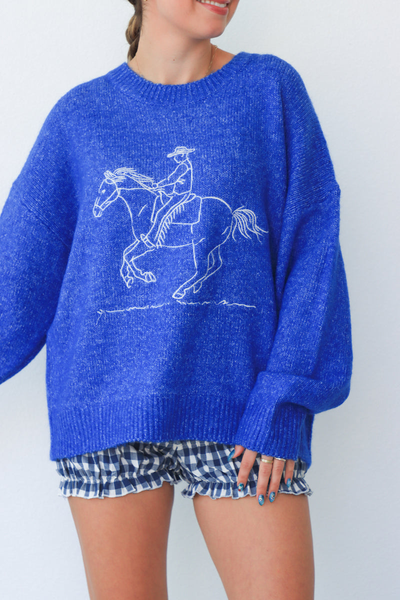 Person wearing a blue sweater with a horse and rider design on a plain background