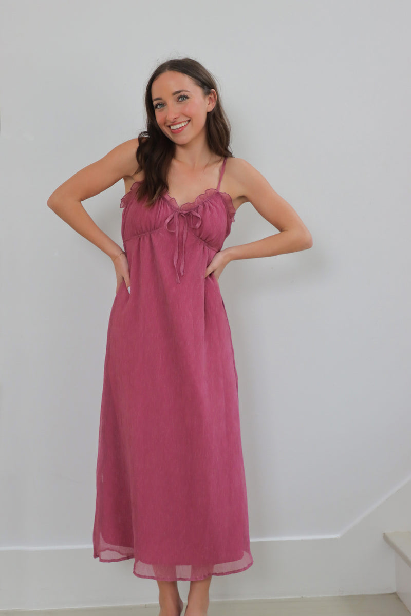 girl wearing plum long dress