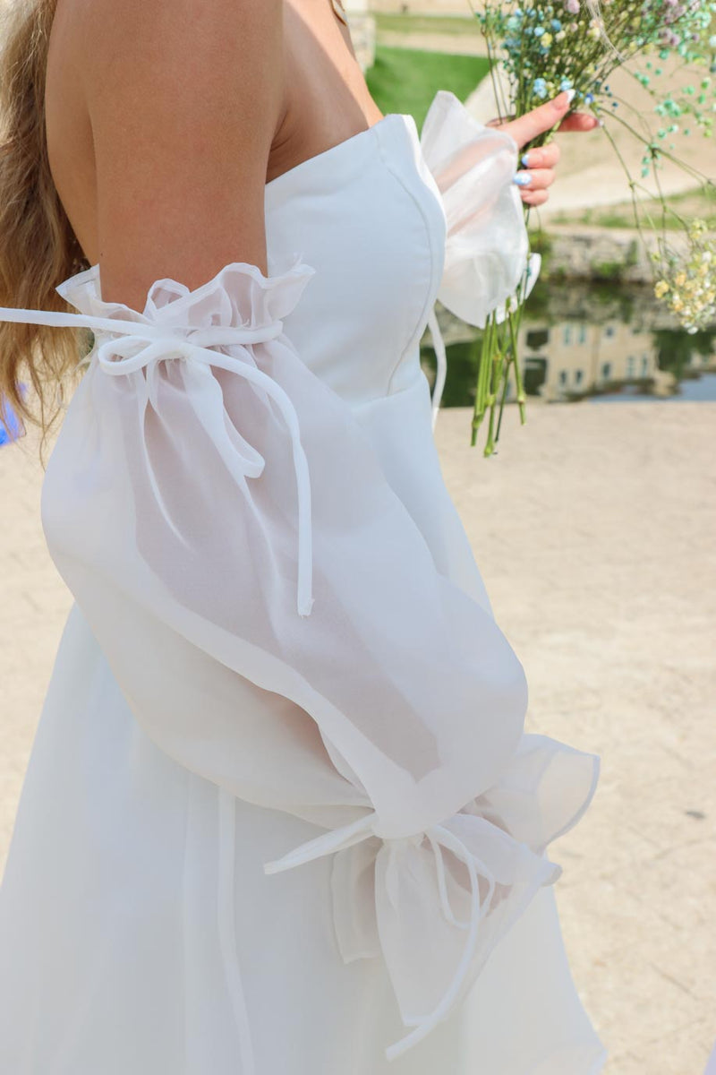 tulle long sleeves on strapless white short dress