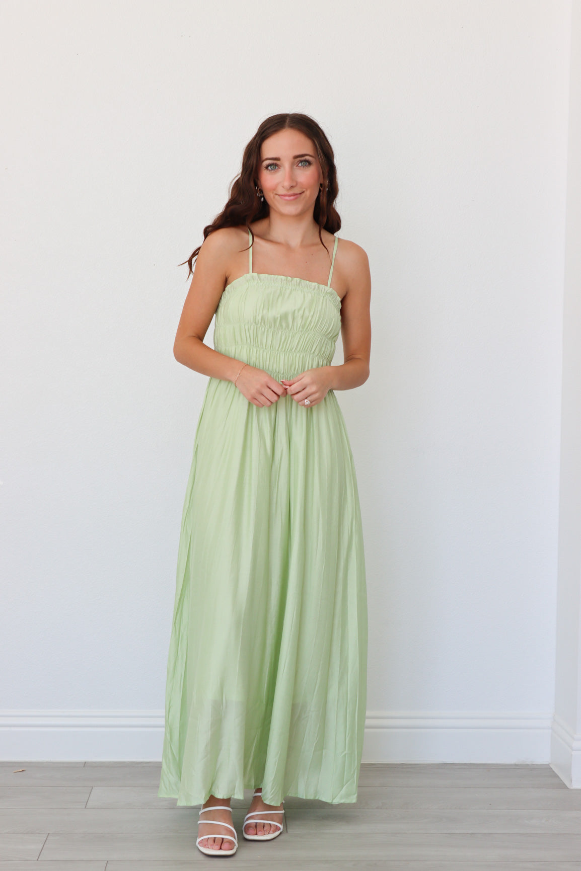 girl wearing lime green long dress