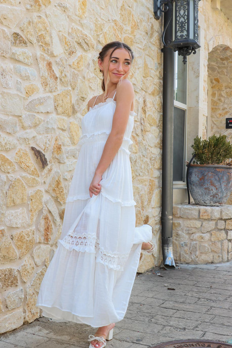 girl wearing white long tank top maxi dress