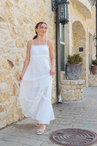 girl wearing white long tank top maxi dress