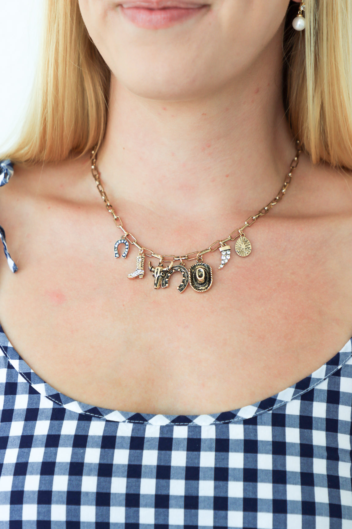 Necklace with charms worn by a person in a blue and white checkered dress.