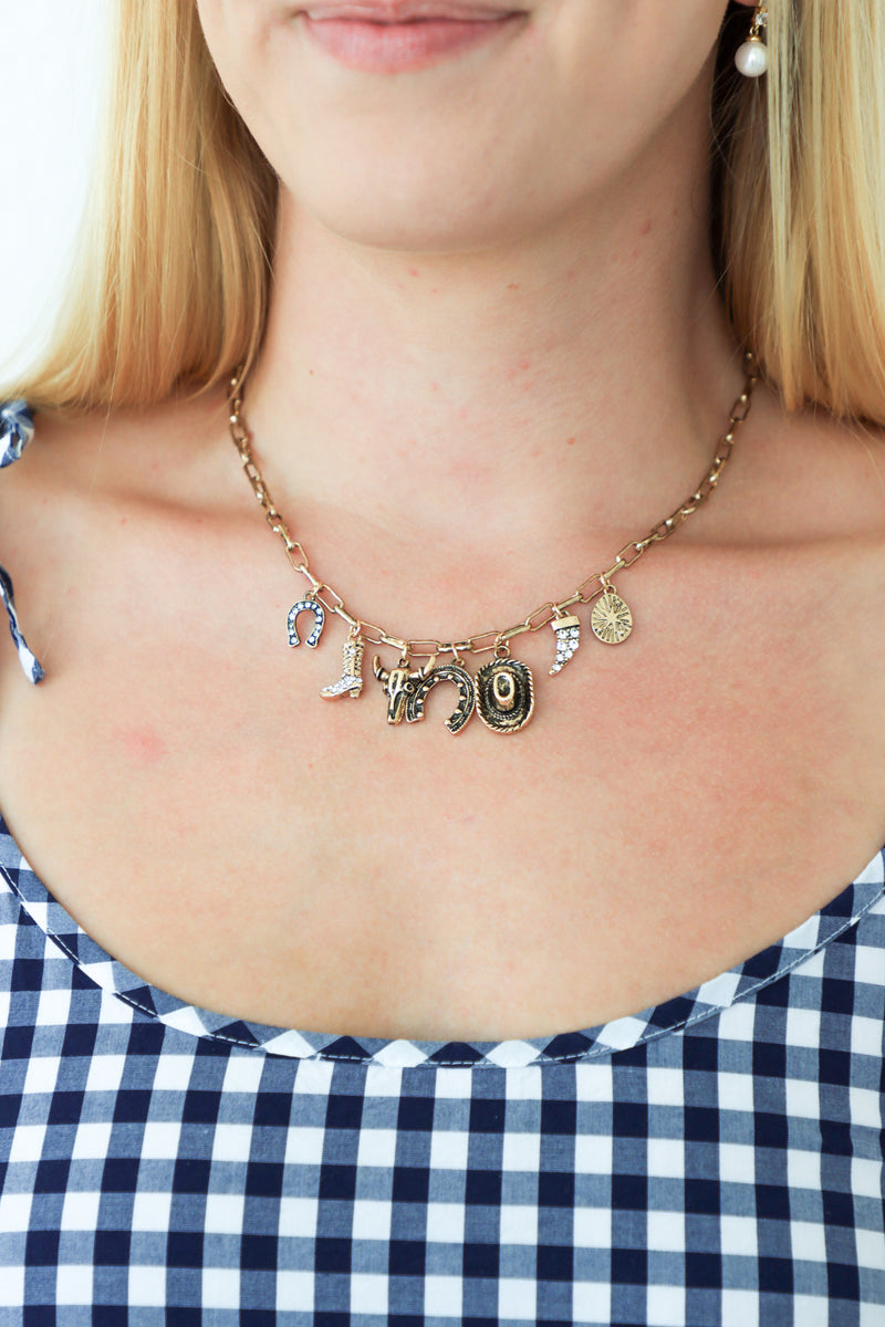 Necklace with charms worn by a person in a blue and white checkered dress.