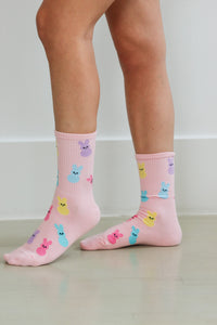 girl wearing pink peeps easter socks