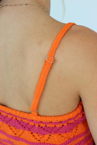 adjustable straps on pink and orange crochet knit tank top