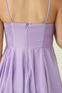 back zipper on light purple short dress
