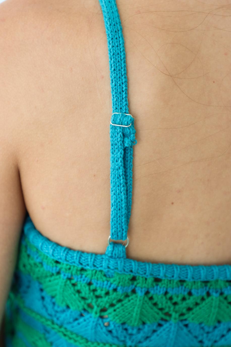 adjustable strap on blue and green crochet knit tank top