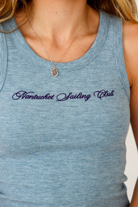 Blue tank top with 'Nantucket Sailing Club' text and necklace.