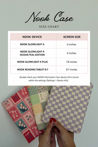 Size chart graphic for a Nook Case showing screen sizes for different Nook devices, overlaid on a photo of several tablet cases being held by hands against a pale gray background.