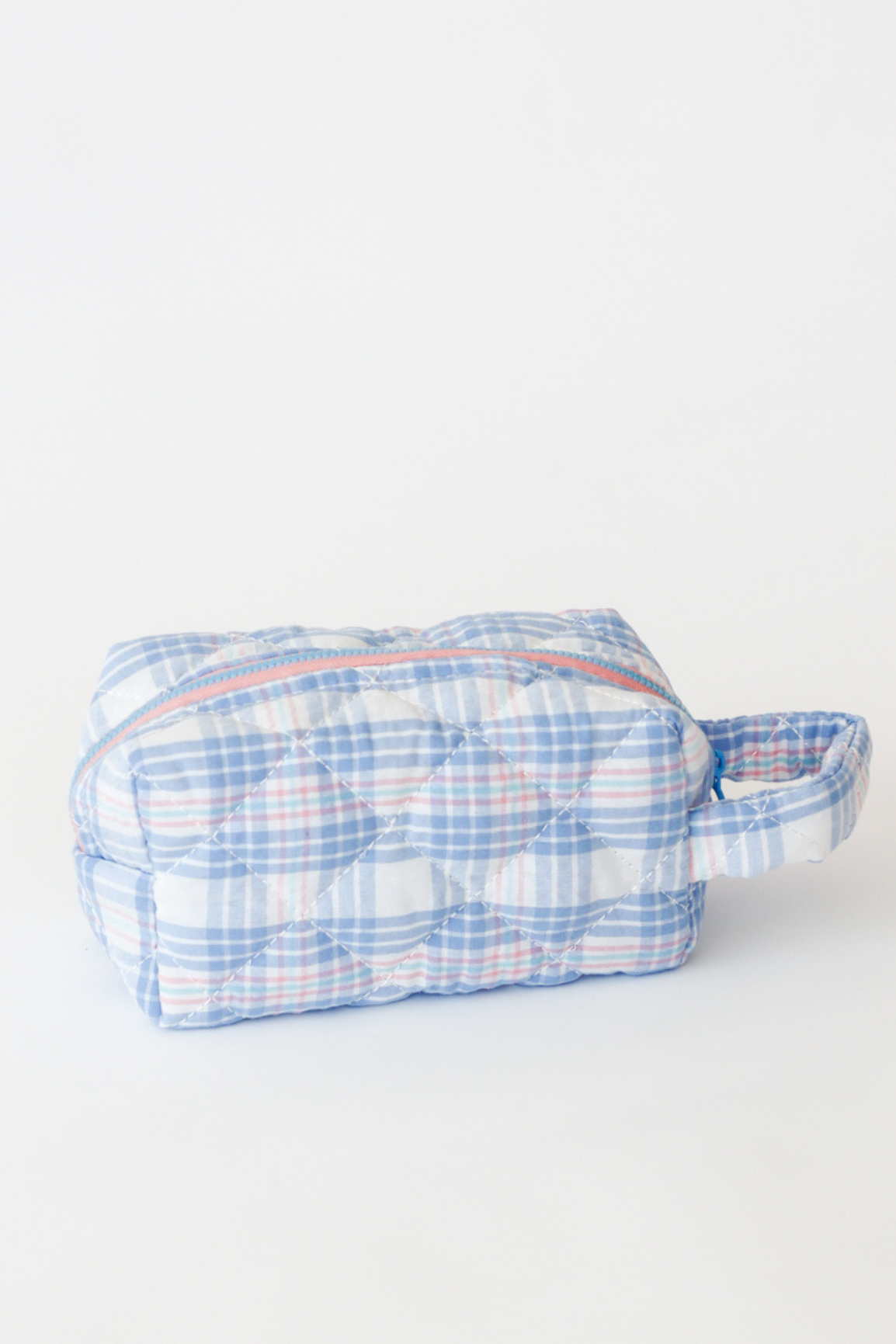 Blue and white checkered pouch on a white background