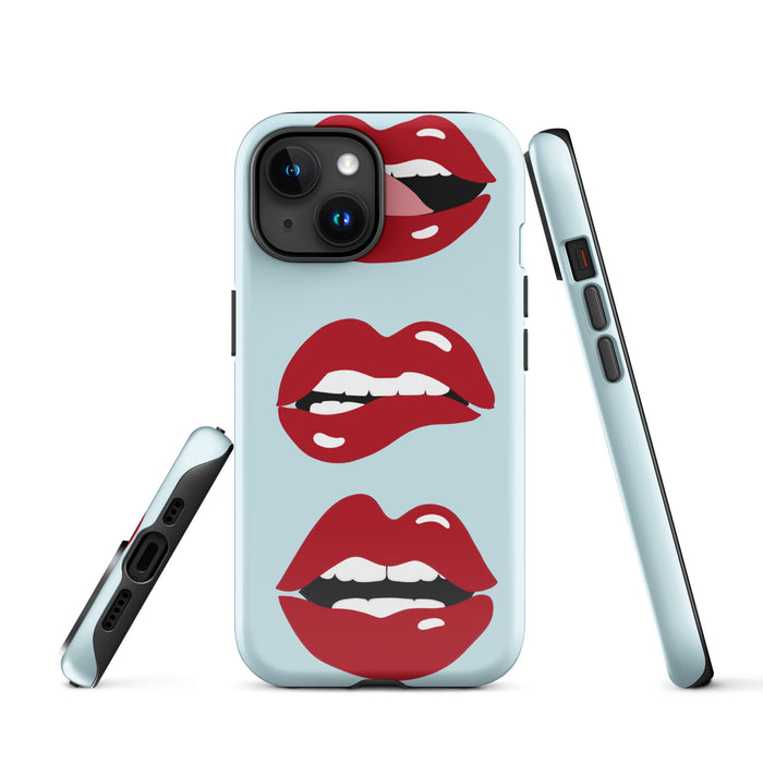 Phone case with red lips design on a light blue background