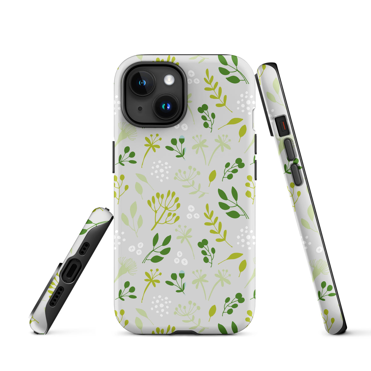 Phone case with green floral pattern on a white background