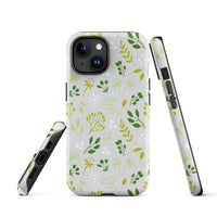 Phone case with green floral pattern on a white background