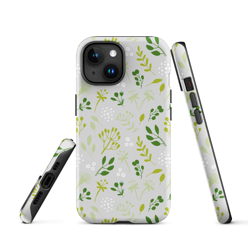 Phone case with green floral pattern on a white background