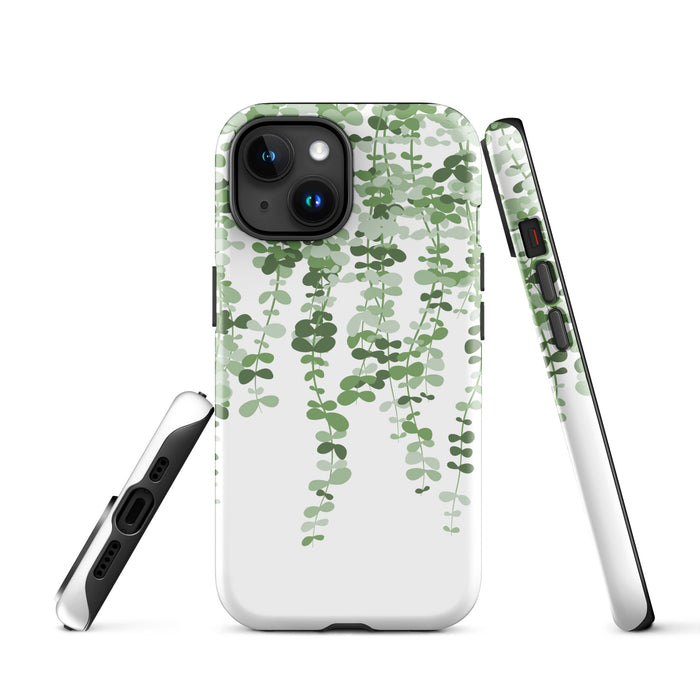 Phone case with green leaf pattern on a white background
