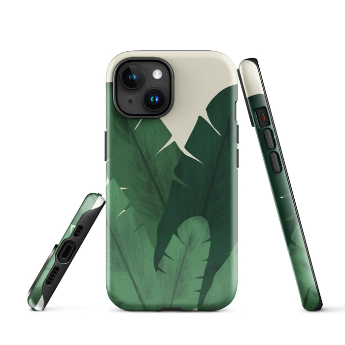 Phone case with green leaf pattern on a white background