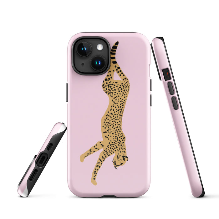 Phone case with a cheetah design on a pink background