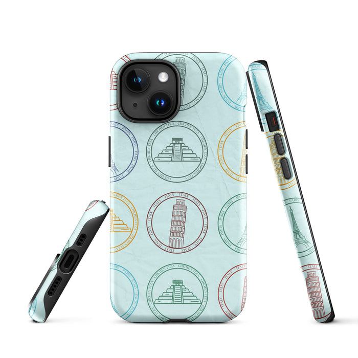 Phone case with architectural landmarks design on a light blue background