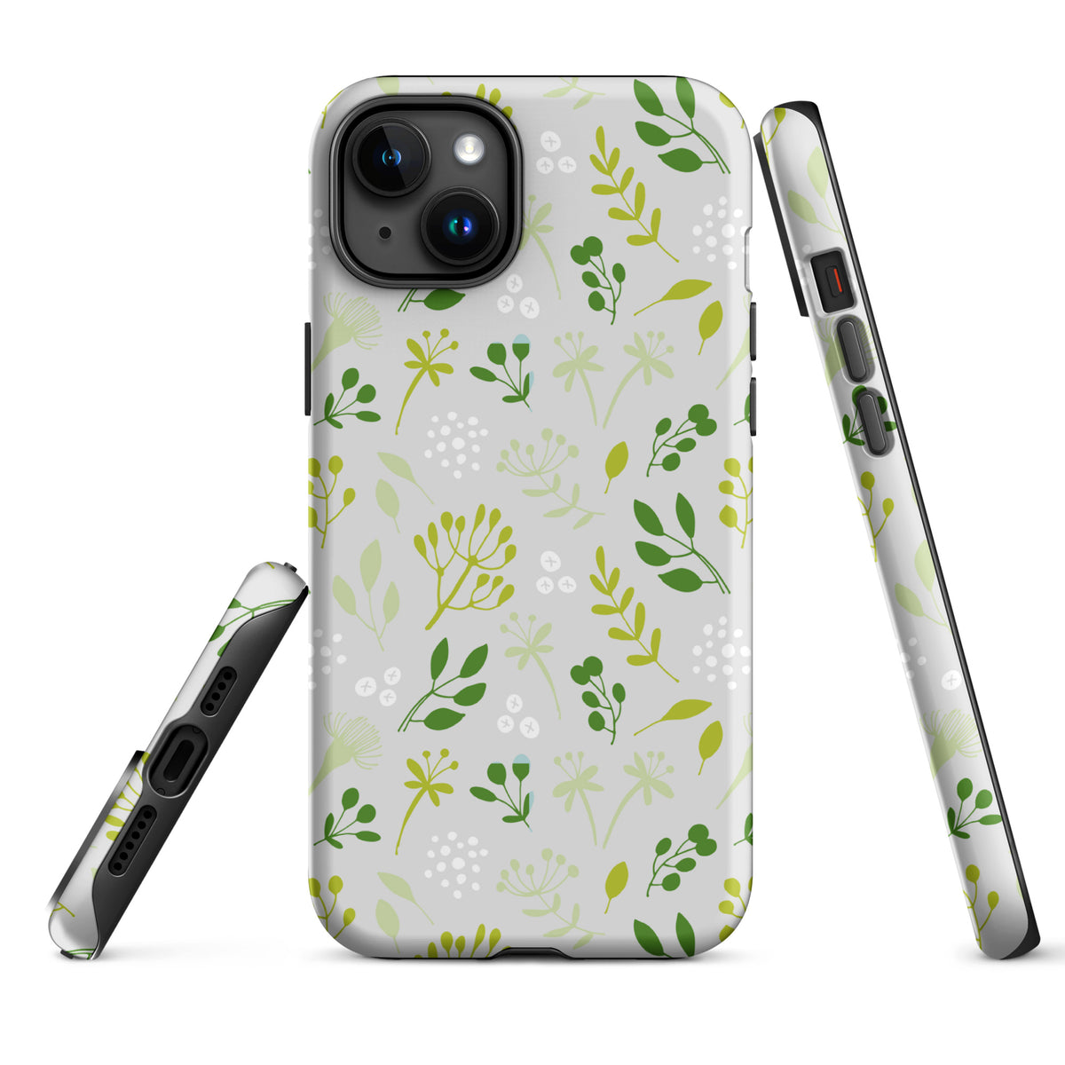 Phone case with green floral pattern on a white background