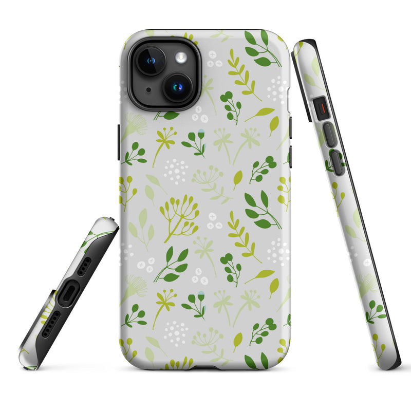 Phone case with green floral pattern on a white background