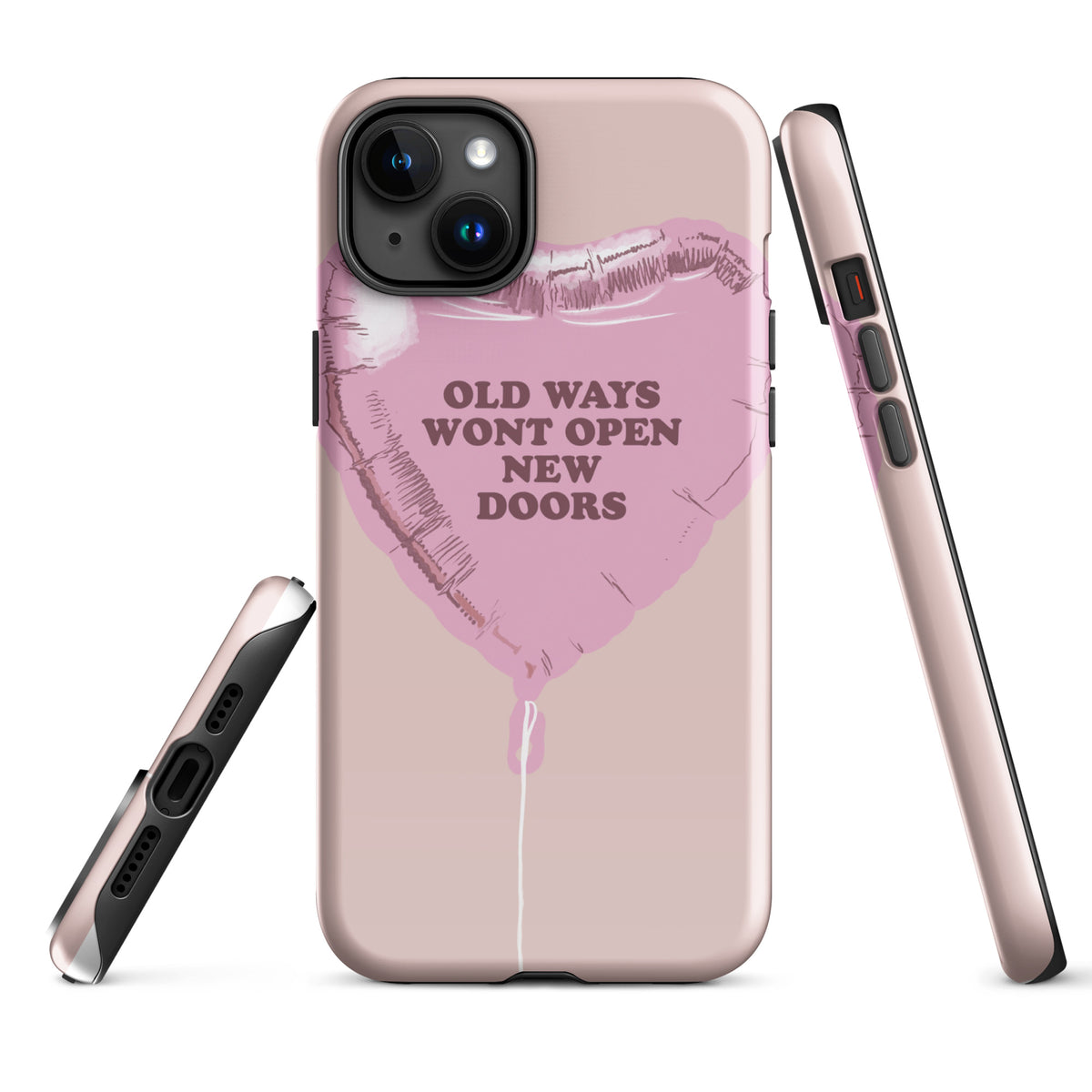 Phone case with pink heart design and text on a white background